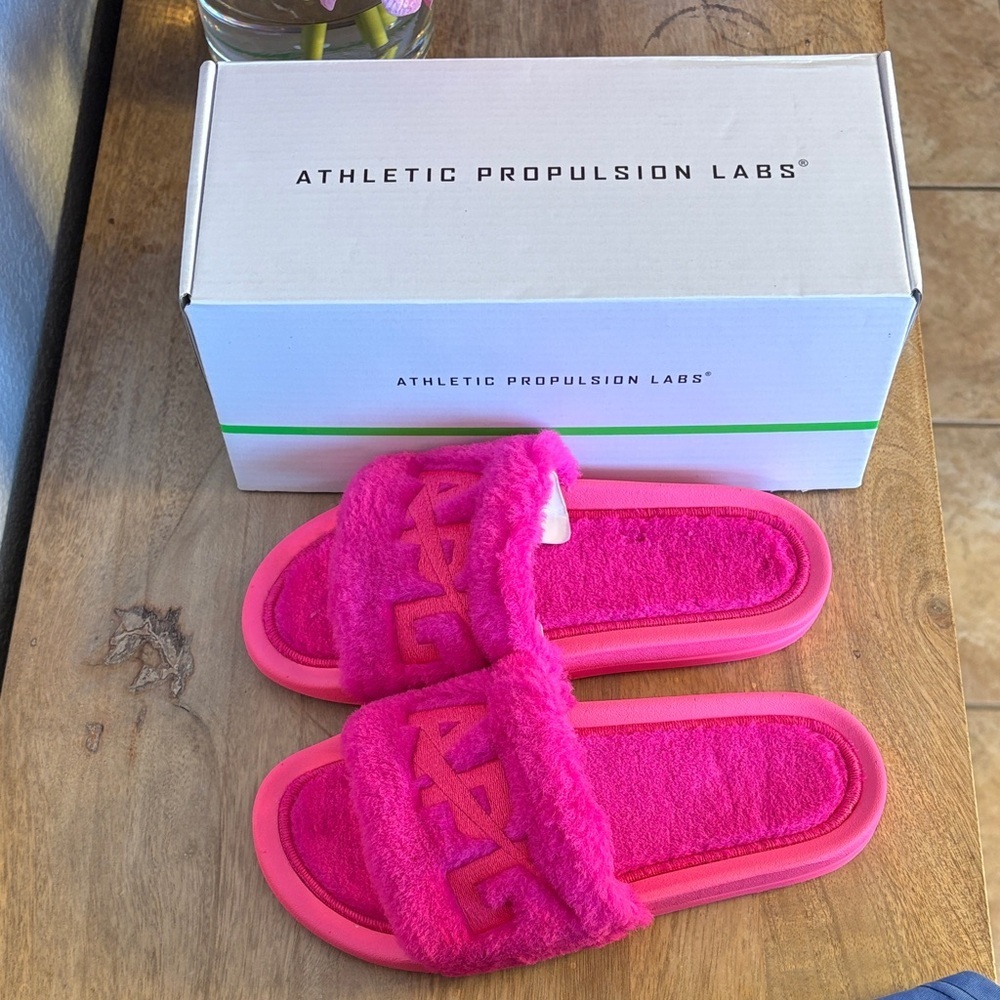 APL Women's Vibrant Pink fluffy Slides with genuine shearling!